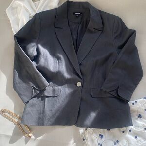 Grey Linen Blend Cropped Blazer 3/4 Sleeve Minimal
